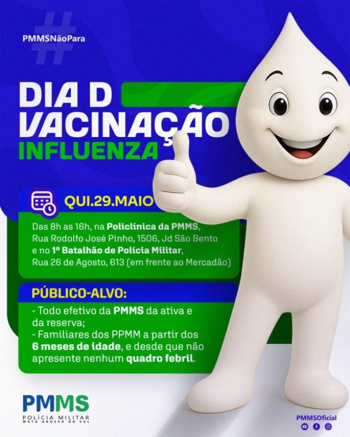 PMMS realiza vacinação contra a gripe Influenza para policiais militares e familiares nesta quinta-feira