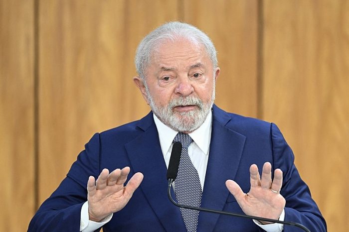 Brazilian President Luiz Inacio Lula da Silva speaks during a joint press conference with Netherlands' Prime Minister Mark Rutte (out of frame) at the Planalto Palace in Brasilia on May 09, 2023. (Photo by EVARISTO SA / AFP)
