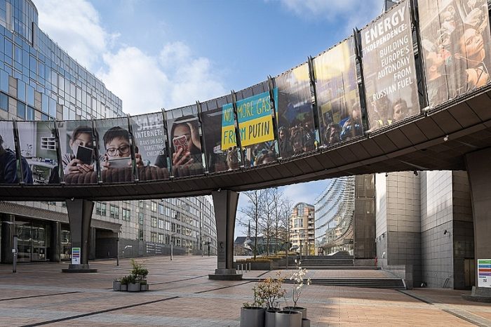 A picture taken in Brussels on April 18, 2023 shows the Paul-Henry Spaak building (PHS), host of the European parliament hemicycle in Brussels. (Photo by JAMES ARTHUR GEKIERE / BELGA / AFP) / Belgium OUT